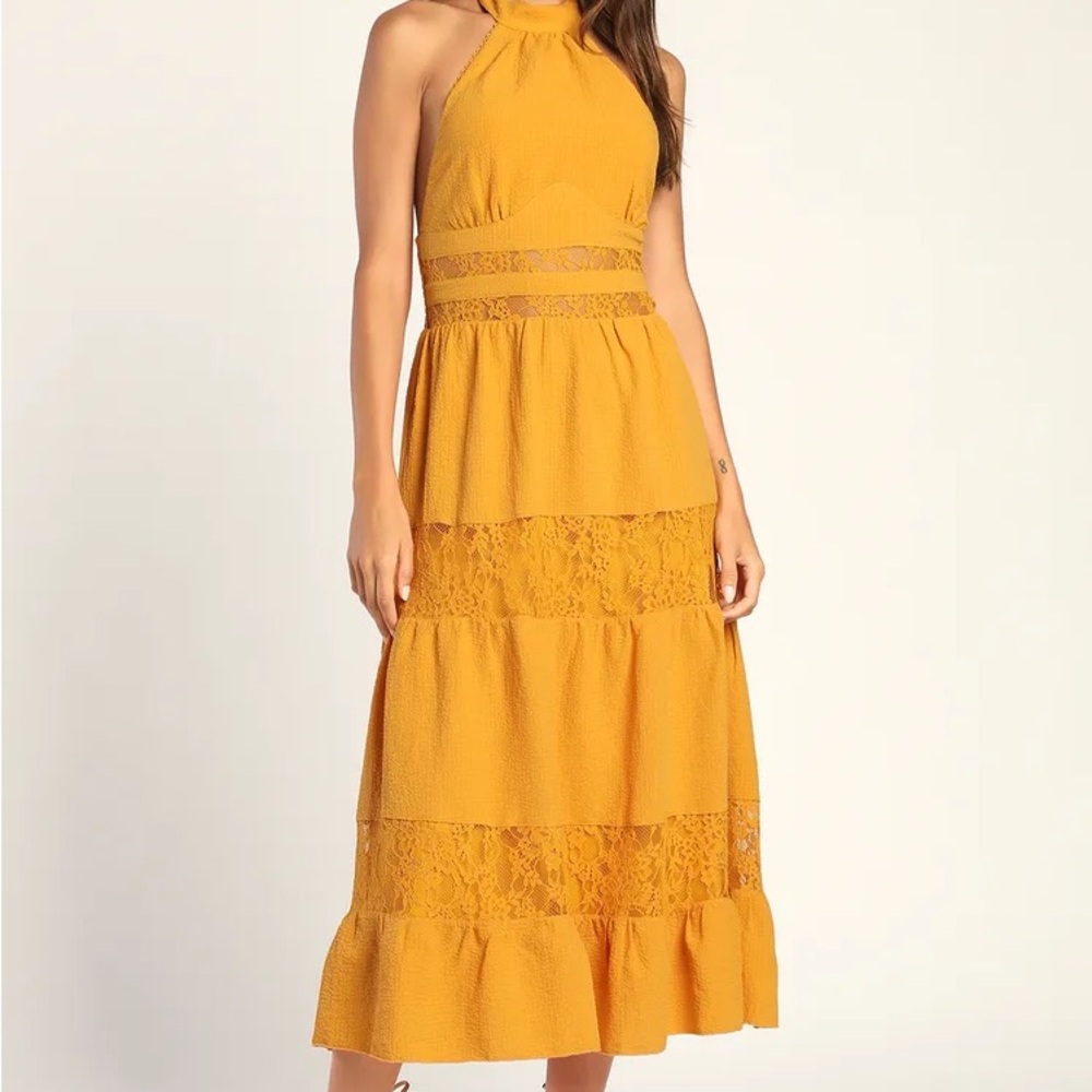 Lulus Mustard Halter Lace Dress